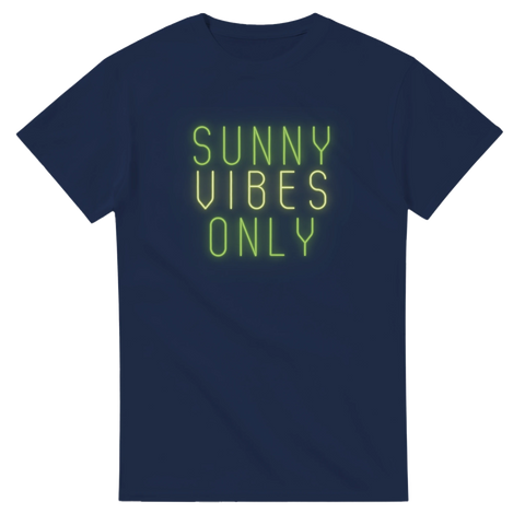 Marinblå t-shirt med minimalistisk neonillustration och textbudskap