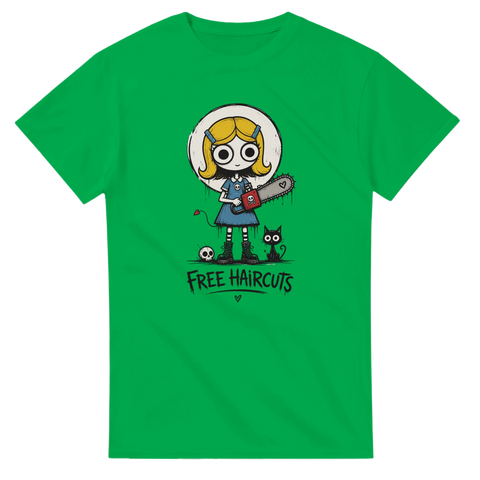 Satirisk skräck-illustration av flicka och dödskalle – grön t-shirt