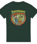 Retroillustration av en skräckslagen pojke som öppnar surströmming – mörkgrön t-shirt