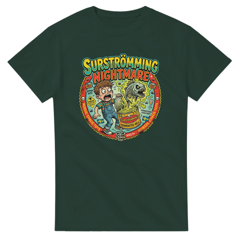 Retroillustration av en skräckslagen pojke som öppnar surströmming – mörkgrön t-shirt