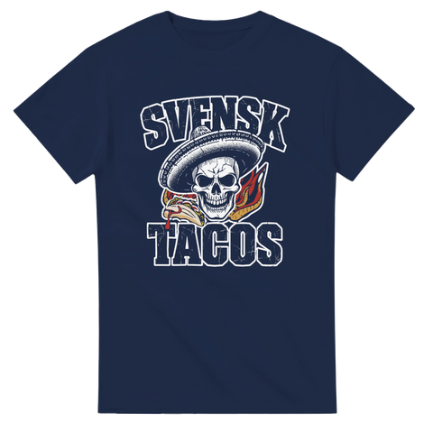 Marinblå t-shirt med grafiskt motiv av mexikansk calavera och chilipeppar