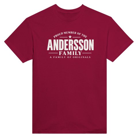 Vinröd t-shirt med texten Andersson – A Family of Originals