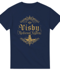 Klassisk medeltida typografi och illustration av Visby på en marinblå t-shirt