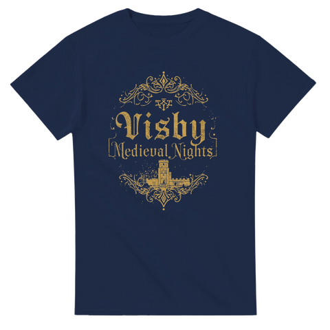 Klassisk medeltida typografi och illustration av Visby på en marinblå t-shirt