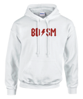 Svart hoodie med röd BDSM-logga i hårdrocksstil – humoristisk och kaxig design för rockfans och ordvitsälskare.