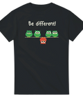 Rolig t-shirt med ugglor som rättar sig i ledet, förutom en röd uggla som hänger upp och ned och texten "Be Different!"