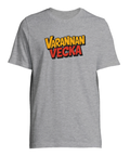Pop art "VARANNAN VECKA" text i gult/rött på grå t-shirt.