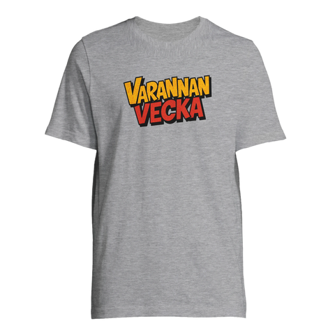 Pop art "VARANNAN VECKA" text i gult/rött på grå t-shirt.