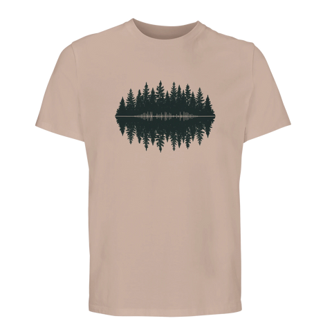 Nostalgisk vintagedesign med skogstema tryckt på en mjukt beige ekologisk t-shirt