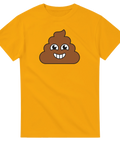 Bajsemoji med glatt ansikte på gul t-shirt.