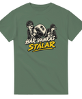 Tecknad illustration av skojare med rånarluvor på en olivgrön t-shirt