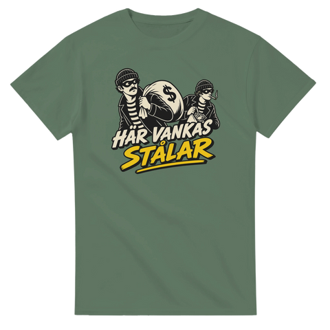 Tecknad illustration av skojare med rånarluvor på en olivgrön t-shirt