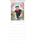 King Jong-Fun satirisk karikatyr av Kim Jong-Un som springer bland grodor under körsbärsträd på väggkalender 2026.