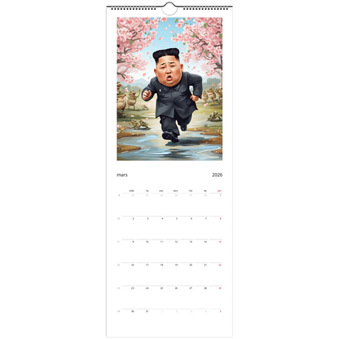 King Jong-Fun satirisk karikatyr av Kim Jong-Un som springer bland grodor under körsbärsträd på väggkalender 2026.