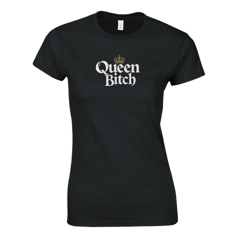 Svart t-shirt med grafiskt Queen Bitch-tryck och gulddetaljer