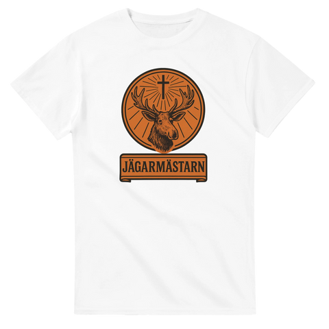 Vit t-shirt med Jägarmästarn motiv – rolig parodi för jägare