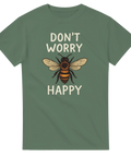Grön t-shirt med texten Don’t worry happy och en tecknad bi
