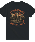 T-shirt med tre skelett i bikerstil som skålar med öl framför eld, för riktiga ölälskare.