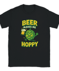 Svart t-shirt med texten Beer Makes Me Hoppy och tecknad humlekotte

