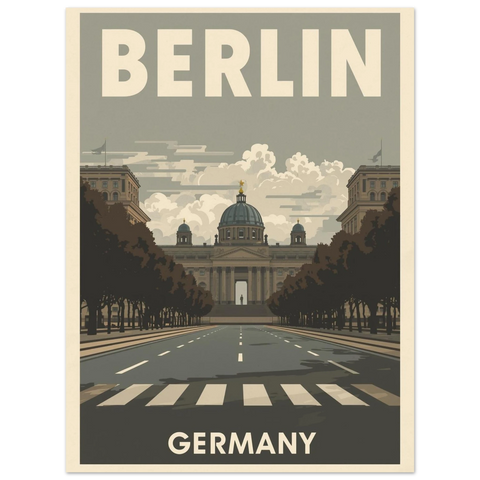 Illustration av Berlin med en pampig kupolbyggnad i slutet av en bred boulevard under en molnig himmel i sobra färger.