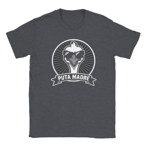 Mörkgrå t-shirt med cirkulärt motiv av en struts och texten Puta Madre