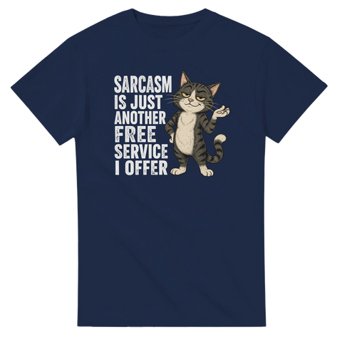 Sarkastisk katt med attityd och citat-tryck på marinblå t-shirt
