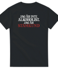 T-shirt med humoristiskt texttryck: Jag är inte alkoholist, jag är stamkund