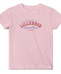 Ljusrosa t-shirt med nostalgisk textillustration och etableringsår