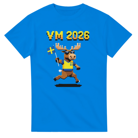 Grafiskt tryck av älg i landslagströja på kungsblå t-shirt