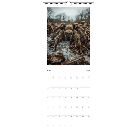 Brunhårig tarantel i vattenpöl på marken, Väggkalender 2026.