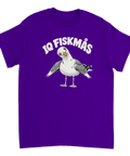 Lila t-shirt med en tecknad mås och texten IQ Fiskmås.