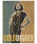 Retroposter föreställande en kvinna i 40-talsstil med många guldkedjor mot en blå och beige vintagebakgrund.