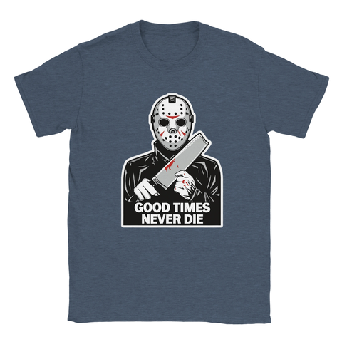 Marinblå t-shirt med detaljrik illustration av maskerad skräckikon