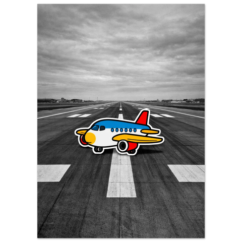 Ett färgstarkt flygplansmotiv i profil som skapar kontrast mot en djup, monokrom bakgrund av en flygplats och asfalt.