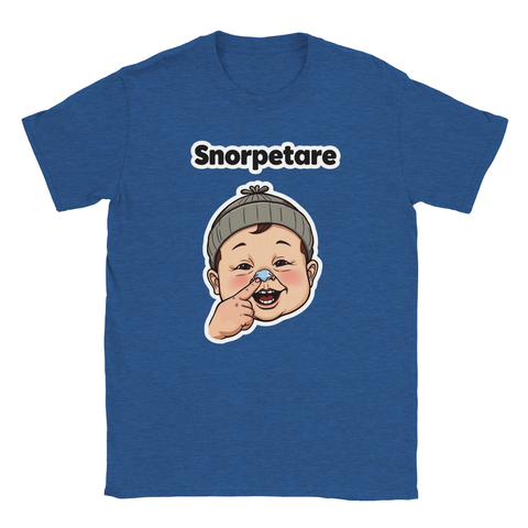Blåmelerad t-shirt med en absurd och skämtsam illustration av en bebis