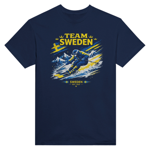 Marinblå t-shirt med retroinspirerad grafik föreställande Team Sweden Ski