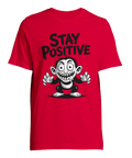 Manisk tecknad apa med brett leende och texten Stay Positive – röd t-shirt