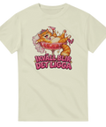 Ljusgul t-shirt med katten i cocktailglas, brudslöja och texten ”Ikväll blir det ligga”.