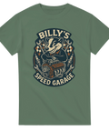 T-shirt med Billy Badger och motorblock samt texten "Billy’s Speed Garage", perfekt för raggare och bilälskare