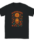 Svart t-shirt med retroblommor i orange och rött samt texten "Blomsterlandet"