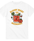 Vit t-shirt med tecknad Bloody Mary och tomat, texten ”Bloody Mary Mornings” – rolig brunchdesign.