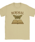 Beige t-shirt med texten "BOKMAL" ovanför en bok och en malillustration