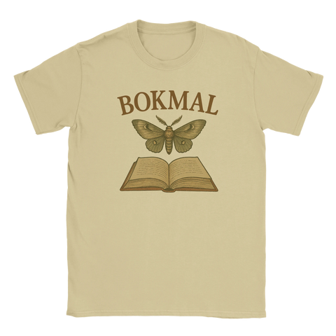 Beige t-shirt med texten "BOKMAL" ovanför en bok och en malillustration