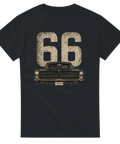 Svart t-shirt med tryck av en Pontiac Bonneville 1966 och siffran 66 i stor retrostil, perfekt för raggare och fans av amerikanska bilar.
