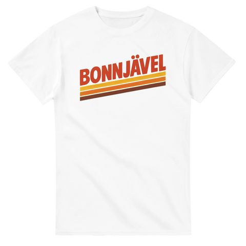 T-shirt med retrotryck BONNJÄVEL i rött, gult och brunt – vit t-shirt