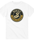 Vit t-shirt med runt emblem i guld och svart, text "BORÅS KNALLELAND" och bokstaven B