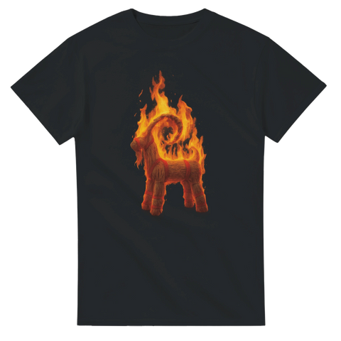 Svart t-shirt med brinnande julbock i eldflammor, referens till Gävlebocken