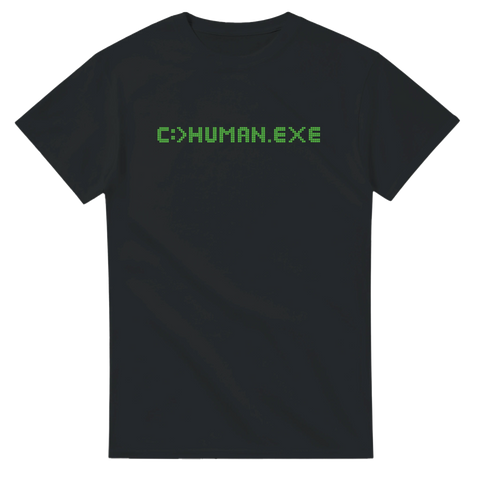 Svart t-shirt med grön text C:\HUMAN.EXE i retro datorstil