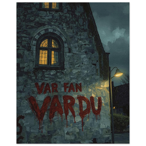 Närbild på en mörk kyrkvägg av sten med en gatlykta som lyser upp ett motiv av röd graffiti och ett upplyst valvformat fönster.