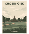 Illustration av Choeung Ek monumentet i Kambodja med en symmetrisk gångstig, träd och beige himmel.